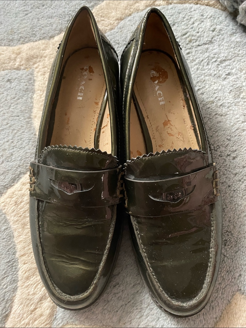Coach Women's Olive Green Patent Leather Penny Loafers